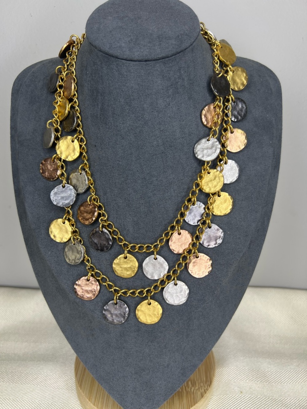 KENNETH JAY LANE KJL Tri-Tone Metallic Hammered Disc Coin Long Necklace